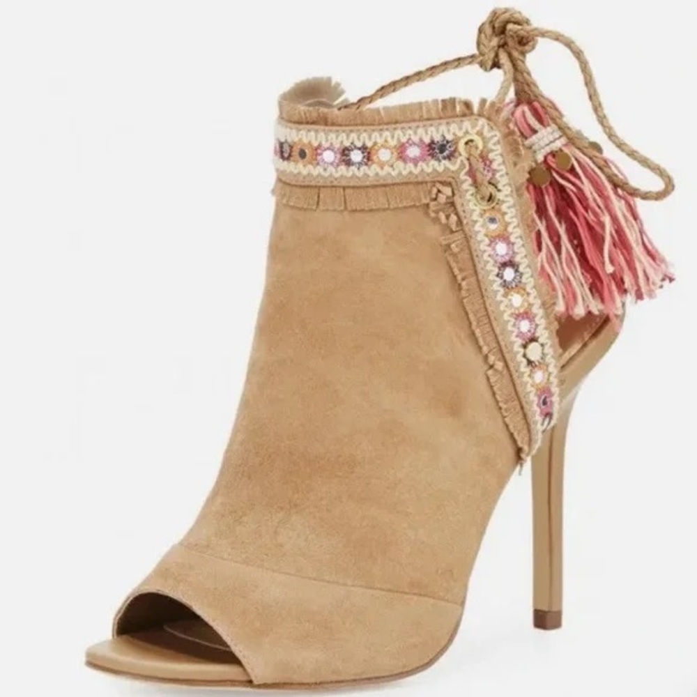 Sam Edelman Tan Peep-Toe Heels with Pink Tassels